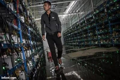 A large mining farm with rows of mining machines and advanced cooling systems.