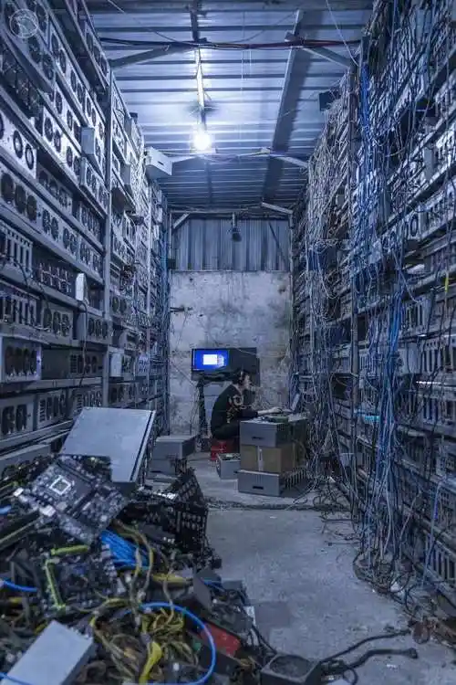 Miners working in a warm and loud mining farm environment