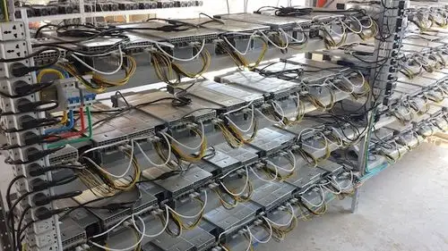 A vibrant mining farm showcasing multiple rigs in action
